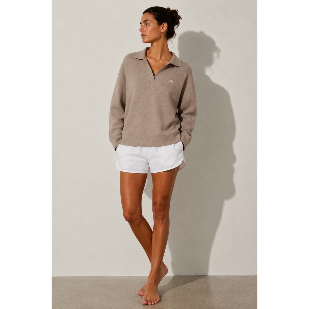 Alo Yoga Women's Knit Polo Sweater Taupe Beige Size L Relaxed Soft Pullover
